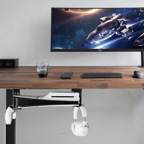 Image of Aluminum Underdesk Mount for PS5 /PS5 Slim /PS5 Pro Digital & Disc, Under Desk Mount with Detachable Controller and Headphone Holder Set, No Drilling (Black)