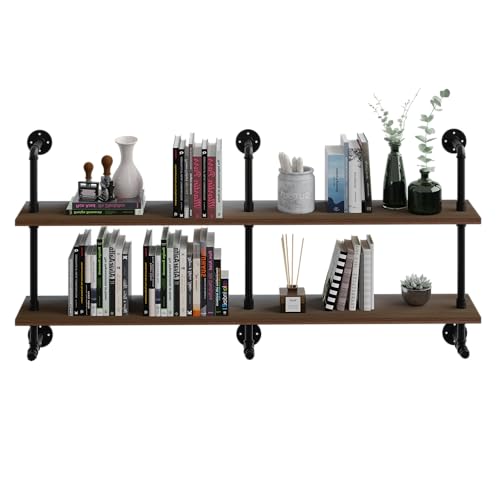 Industrial Pipe Wall Shelves Pipe Shelving with Real Wood Plank 60 Inches | Floating Shelves for Wall Farmhouse Pipe Book Shelves Dark Brown 2 Tier for Kitchen,Living Room Decor and Bar Shelving