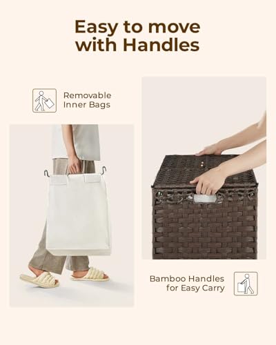 Greenstell-Laundry-Hamper-with-Lid-and-2-1-Removable-Liner-Bags-No-Install-Needed-130L-Collapsible-Laundry-Basket-Wicker-Clothes-Hamper-with-Handles-Hamper-for-Bedroom-Bathroom-Brown Greenstell Laundry Hamper with Lid and 2 1 Removable Liner Bags No Install Needed 130L Collapsible Laundry Basket Wicker Clothes Hamper with Handles Hamper for Bedroom Bathroom Brown
