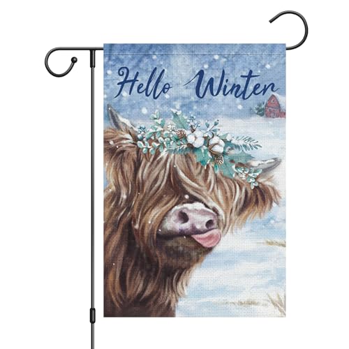 Wodison Hello Winter Cow Garden Flag 12x18 Inch Double Sided, Burlap Snow Highland Cattle Winter Garden Flag for Outside Farmhouse Yard Decoration