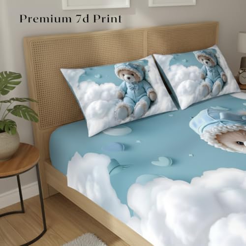 Image of 7D Fairy Tale Collection Double Bedsheet 90x100 inch with 2 Pillow Covers | Good Stitching, Soft Fabric & Vibrant 7D Digital Print for Kids & Couples (Sky Blue)