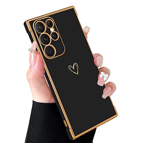 MZELQ Compatible with Samsung Galaxy S22 Ultra Case for Women Cute Luxury Gold Heart Pattern Design, Full Camera Protection & Soft TPU Shockproof Protective Plating Edge Phone Case,6.9 inch 2022,Black
