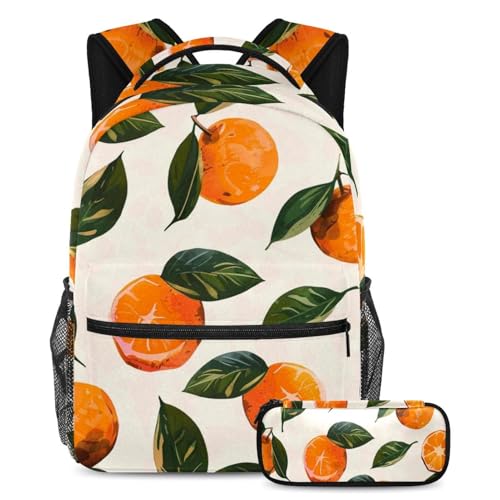 Cartable orange peint à la main avec sa trousse assortie pour élèves