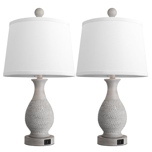 PARTPHONER Traditional Table Lamps Set of 2, Bedside Touch Lamp with USB C+A Charging Ports, Rustic Farmhouse Table Lamps for Living Room Bedroom, Side Table Lamp with White Fabric Shade, Antique Grey - Image 2