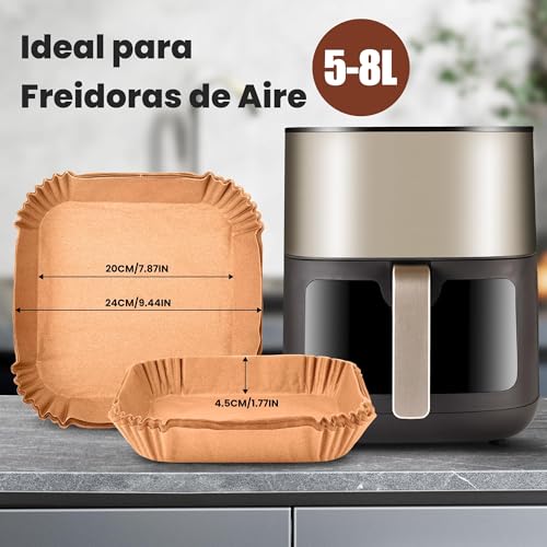 KitchenBoss 120 Piezas Papel Freidora Aire：20-24cm Papel Air Fryer Cuadrado, Papel Pergamino Freidora Aire Desechable Antiadherente para 5-8L Freidora, Horno, Microondas - imagen 2