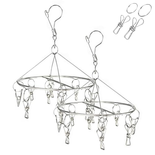 Qualsen ピンチハンガー 洗濯ハンガー 洗濯物干し ハンガー 10ピンチ (2本) ピンチハンガー ステンレス 円形 ハンガー 回転式 防風フック 収納便利