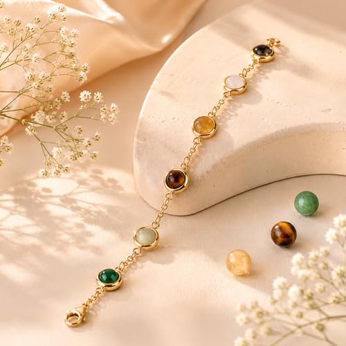 Image of Metal Dhanyog Bracelet For Women | Attracts Money, Positivity & success | Pyrite, Citrine, Tiger Eye, Green Aventurine & Clear Quartz | Crystal Bracelet | Lab Certified | Best Gift For Women