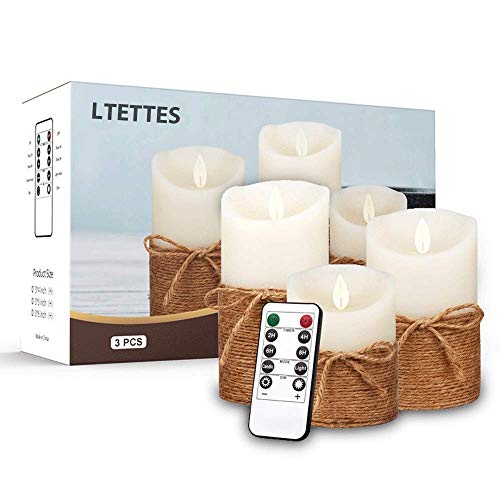 Image of LTETTES | Real Wax Hemp Rope LED Candles | Flameless Battery Operated with Remote Control | Set of 3 (3 inch D x 4 inch, 5 inch, 6 inch H) for Home Decor, Festivals, Diwali & Gifts