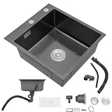 DAOHHFO Set di lavelli da cucina, 45 x 50 cm, in acciaio inox, rettangolare, con tubo di scarico, 1 lavandino da incasso, luce commerciale, senza rubinetto (nero)
