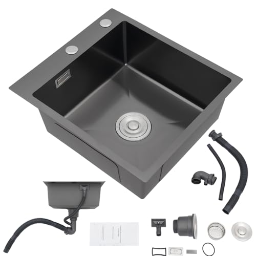 DAOHHFO Set de fregaderos de cocina 45x50 cm, fregadero rectangular de acero inoxidable con tubo de desagüe, fregadero de 1 cuenco, fregadero empotrado, luz para fregadero individual comercial sin