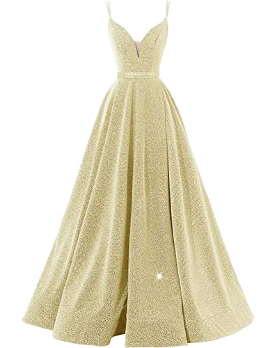 Image of Women's Glittery Spaghetti V-Neck Prom Dresses Long A Line Bridesmaid Dresses Side Split Formal Evening Gowns Champagne, US06