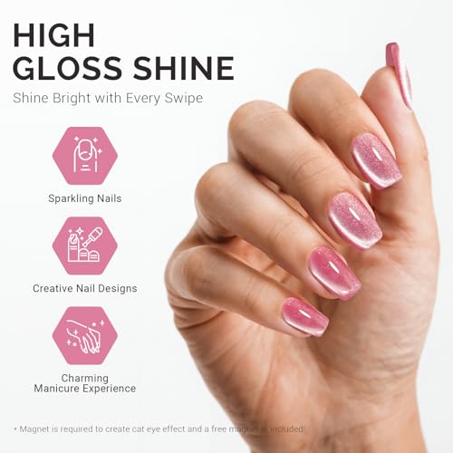 Image of MelodySusie Jeweliver Cat Eye Gel Nail Polish, 0.5 Fl Oz Rose Pink Glitter Holographic Magnetic Nail Polish with Magnet, UV Nail Polish for Nail Art Manicure Salon DIY at Home C47