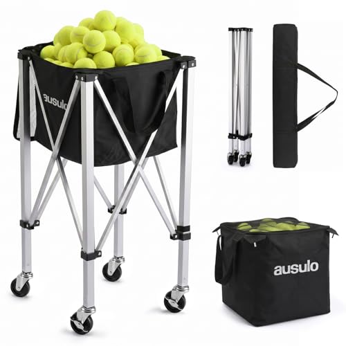 AUSULO Tennis Ball Hopper Holds 150 Balls, Lightweight Pickleball Basket with Wheels, Portable Ball Cart for Tennis, Pickleball, Baseball, Softball, Suitable for Training and Teaching