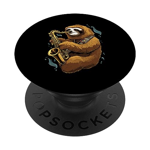 Saxophone Sloth Marching Band Saxophonist Jazz Music PopSockets Swappable PopGrip, Black