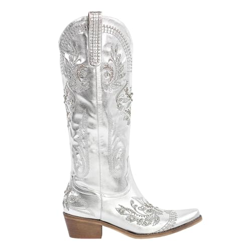 Cowboy Boots for Women - Wide Calf Knee High Western Cowgirl Boots, Classic Embroidered, Pointed Toe Chunky Heel Pull on Vintage Tall Boots2