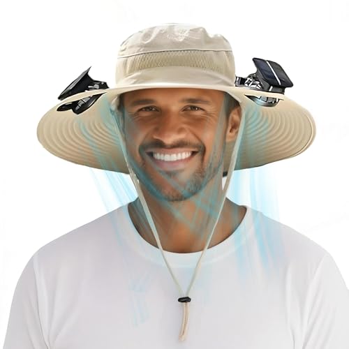 Solar Fan Hat for Men Cooling Hat with Dual Fans, Wide Brim UPF 50+ Sun Protection Outdoor Fishing,Hiking,Gardening Khaki