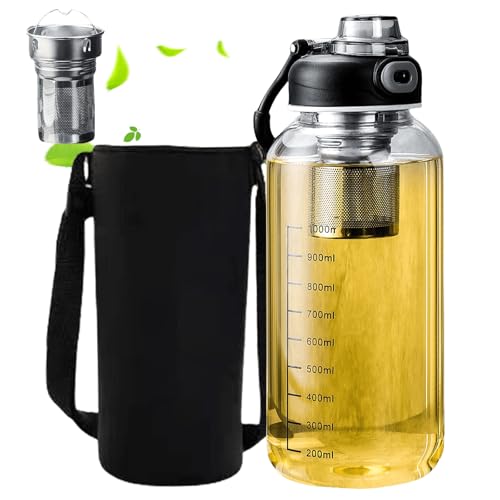 Glas-Trinkflasche 1 Liter wiederverwendbar Glasflasche Teeflasche mit Sieb to go mit Neoprenhülle und Edelstahl-Sieb Wasserflasche Trinkflasche Glas für Sport Büro Schule & Outdoor (1000ML)