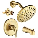 Shower Tub Faucet Sets Complete with Diverter, 5 Spray Settings, 6-Inch Bathtub Waterfall Handle Combo, 2.5 GPM High-Pressure Rain Shower Head System, Brushed Gold