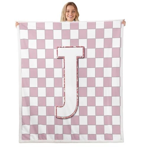 Image of Erosebridal Pink Initial J Fuzzy Plush Throw Kawaii Plaid Checkered Fleece Blanket Cute Personalized Monogram Sherpa Blanket for Kids Girls,Fashion Grids Gingham Decor for Bed Couch Throw 50 inchx60 inch