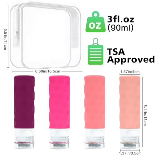 Image of Silevoler Travel Bottles for Toiletries, 4pcs Tsa Approved 3oz Travel Size Containers, BPA Free Leak Proof Premium Silicone Bottles, Refillable Liquid Squeezable Accessories W /Toiletry Bag (Red)