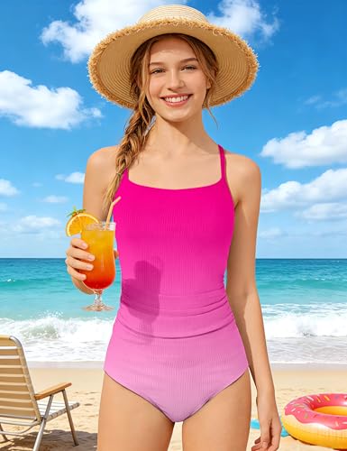 Image of AGAPENG Girls Swimsuit One Piece Ruched Solid Color Bathing Suit for Girls Ribbed Adjustable Straps Pad Swimwear 9-16Y
