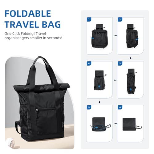 GOLF QUALITY Rolltop Rucksack Damen Herren, Rucksack Tasche 2 in 1 Damen Foldable Handtasche Leichtgewicht Casual Schultertasche Nylon Reiserucksack Arbeit Wander,22L Schwarz