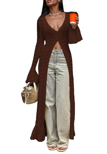 Image of Unybwonn Long Cardigans for Women Crochet Hollow Out Knit Sweater Cover up Maxi Dress Long Sleeve Button Down Cardigan
