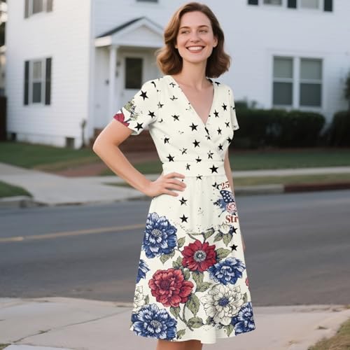 Image of Women's Summer Formal Dresses Short Sleeve Wrap V Neck Dresses Bridesmaid Wedding Guest Dress with Pockets