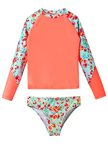CHICTRY Girls 2 Pcs Floral Rash Guard Sets Long Sleeve Crop Top with Brief Beach Sunsuit Swiwmear