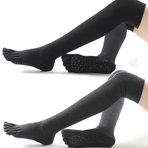 Pesine 2 PCS Thigh High Yoga Socks for Women Non-Slip Toeless Long Socks for Pilates Pure Barre Dance Barefoot Workout (Black & Grey), One Size
