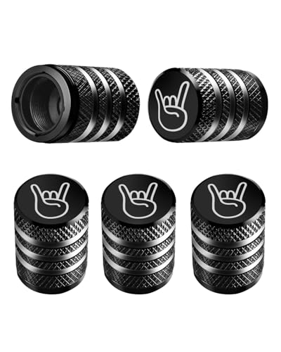 Tire Valve Stem Cap Cover - (5 Pack) Tire Air Cap Metal with Plastic Liner Corrosion Resistant Leak-Proof Rock and Roll for Car Truck Motorcycle Bike Black