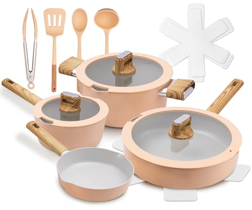 NutriChef Juego de Cocina Cerámico Antiadherente de 14 Piezas – Ollas y Sartenes Aptas para Inducción con Tapas de Vidrio, Mangos de Tacto Frío, Distribución Uniforme del Calor, Apto para Lavavajillas