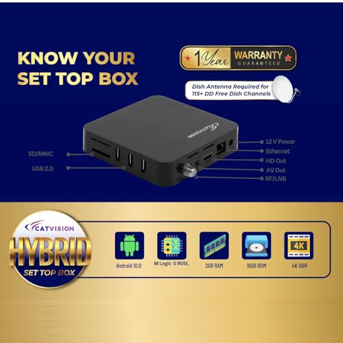 Image of Catvision Hybrid Set Top Box | OTT + Free Dish (DVB-S2) Support | 115+ DD Channels | Android Based | BIS Approved