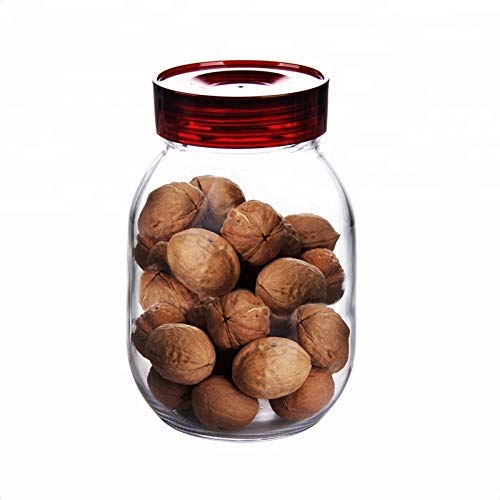 HOMIES INTERNATIONAL, 1 PIECE, glass jar set container with lid, for tea, sugar, coffee, cookie, cereals etc. (1560ML) Dimension: 21 (L)*11.5 (D) cms, Color: Clear (Red lid)