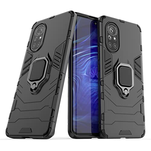 MaiJin Compatible with Huawei Nova 8 4G, Nova8 5G Case, Metal Ring Grip Kickstand Shockproof Hard Bumper (Works with Magnetic Car Mount) Dual Layer Rugged Cover (Black)