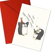 Podagree Penguin Birthday Card – Funny Birthday Penguins with Party Hats and Bottle – Happy Birthday Celebration – Perfect for Kids, Friends, Family – Blank Inside, Envelope Included – 8x5.3 Inch