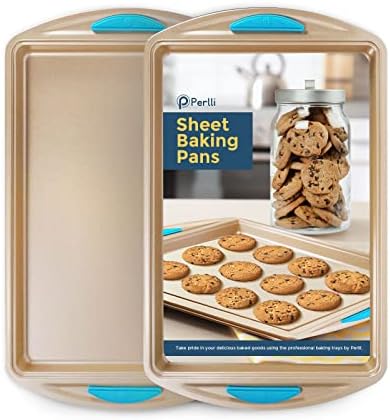 Cookie Sheet Baking Pan 2 Piece Set, Gold Nonstick Trays with Blue Silicone Hand Grips Oven Bakeware Pans Set, Premium Quality Carbon Steel Baking Tray Sheets by PERLLI