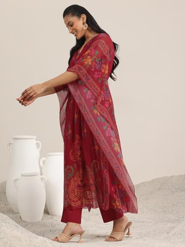 Image of Libas Womens Printed Chiffon A Line Kurta With Trousers | daily wear suit