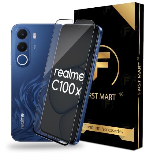 Image of FIRST MART Tempered Glass for Realme C100x, 9H Full-Glue Screen Protector, 3D Edge-to-Edge, HD Clear, Oleophobic, Case-Friendly, Black, Pack of 1