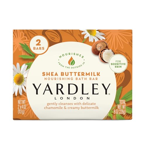 Yardley London Nourishing Bath Soap Bar Shea Buttermilk for Sensitive Skin, Gently Cleanses with Delicate Chamomile & Creamy Buttermilk, 4.0 oz Bath Bar, 2 Soap Bars