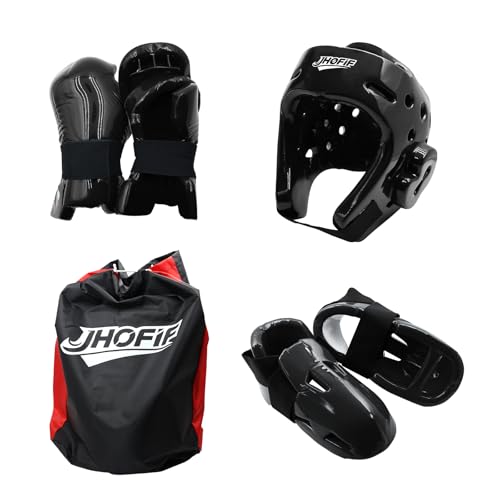 JHOFIF Martial Arts Karate Protective Sparring Gear Package Deal/Gift Adjustable Adult & Youth Headgear, Gloves & Kicks for MMA, Taekwondo, Boxing Training (Black, Small)
