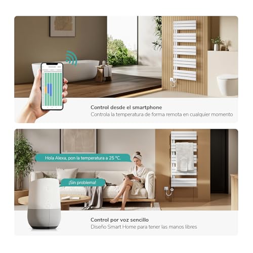 Miniatura 2 de Emke Toallero Electrico Baño Con Wifi Termostato De Elemento Calefactor, 1041x500mm 600w Radiador Toallero Con Barra Calefactora Con Temporizador, Blanco