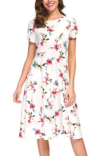 EXCHIC Damenkleid, Sommer, elegant, Blumenmuster, Midi-Kleid, lässig, hohe Taille, A-Linie, knielanges Kleid (L, 5), 5, L