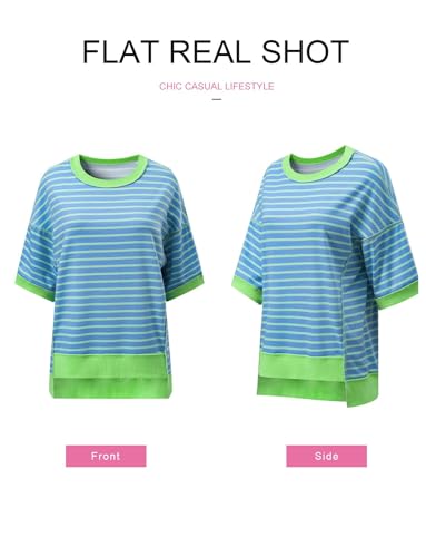 SHEWIN Summer Tops for Women Trendy Short Sleeve Shirts Crewneck Sweatshirt Loose Ladies Top and Blouses Dressy Casual Womens Fall Top Sky Blue Stripe XXL