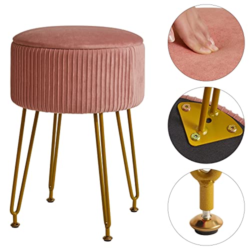 Ibuyke Velvet Storage Footrest Stool Ottoman, Makeup Vanity Stool Side Table With Golden Steel Legs Removable Cover, Coffee Table Top Cover, Pink Lg-20P #TOP5
