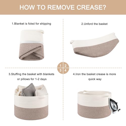 Image of OIAHOMY 90L XXXLarge Blanket Basket for Living Room, 21.7 inch x 13.8 inch Woven Cotton Rope Laundry Basket for Organizing Pillows, Decorative Stuffed Animal Toy Storage for Nursery, White and Linen Brown