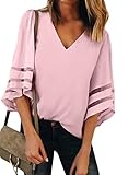 BLENCOT Womens Summer 3/4 Bell Sleeve V Neck Sheer Patchwork Chiffon Blouse Casual Shirt Tops Pink Large
