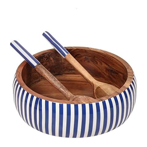 LAVAUX DESIGNS Extra large Acacia wood salad bowl set with 2 servers | 12*3.5 inches | 4 quarts capacity | serving bowl set for Italian pasta, caesar salad, smoothie, fruits, rice, acai (Blue Stripes) Cover