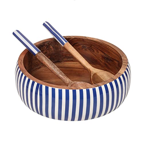 LAVAUX DESIGNS Extra großes Salatschüssel-Set aus Akazienholz mit 2 Servieren, 30.5x8.9 cm, 4 Quarts Fassungsvermögen, Servierschalen-Set für italienische Nudeln, Reis, Acai (blaue Streifen) Cover