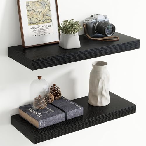 Image of 24 Inch Floating Shelves for Wall, 8 Inch Deep Floating Shelf for Storage & Display, Rustic Wall Mounted Shelf with Invisible Brackets for Living Room, Kitchen, Bathroom, Home Decor, Set of 2, Black